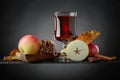 Glass of apple juice or cider with juicy apples and cinnamon sticks Royalty Free Stock Photo