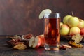 Glass of apple juice or cider with juicy apples and cinnamon sticks Royalty Free Stock Photo