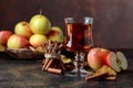 Glass of apple juice or cider with juicy apples and cinnamon sticks Royalty Free Stock Photo