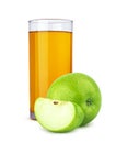 Glass of apple juice and cut apples isolated on white background Royalty Free Stock Photo