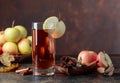 Glass of apple juice with juicy apples and cinnamon sticks on a kitchen table Royalty Free Stock Photo