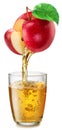 Glass of apple juice and juice pouring from red apple isolated on white background Royalty Free Stock Photo