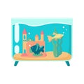 Aquarium with castle, diskus and guppy. Cartoon vector illustration on white background