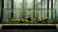 A glass aquarium with mossy rocks and trees in the background