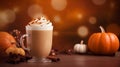 Glass of autumn spicy pumpkin latte with whipped cream and cinnamon over blurred background with bokeh lights. Creamy coffee with