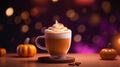 Glass of autumn spicy pumpkin latte with whipped cream and cinnamon over blurred background with bokeh lights. Creamy coffee with