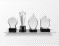 Glass award on shelf. Realistic different champion prizes on glass shelving, winner trophy shiny glass awards, sport achievement