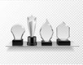 Glass award on shelf. Realistic different champion prizes on glass shelving, winner trophy shiny glass awards, sport