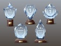 Glass award trophy. Realistic crystal prize trophies with engraved inscriptions, acrylic mockups, transparent sparkling