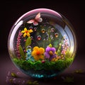 Glass ball with a beautiful spring composition inside, which includes grass, flowers, water droplets and a butterfly. Created with Royalty Free Stock Photo