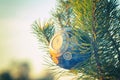 Glass ball, Christmas decoration with a clock on a Christmas tree, processing under a vintage photo, texture added, Royalty Free Stock Photo