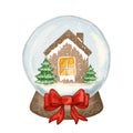 Glass ball, Christmas glode with snow and winter house inside, tree vector watercolor illustration Royalty Free Stock Photo