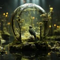 a glass ball containing lush green moss in a tranquil forest setting, with a small bird