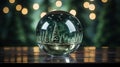 Glass ball with a craft in the form of a coniferous forest on a blurred green background