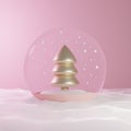 Glass ball with gold christmas tree inside in the snow with snowfall on a pink background 3D illustration Royalty Free Stock Photo