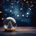A glass ball with a golden Christmas tree and golden snowflakes inside. A crystal ball on a wooden table top on blurred golden Royalty Free Stock Photo