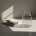 Glass Ball Mason jar and a stack of blank square papers on a white surface. The jar Royalty Free Stock Photo