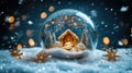 A glass ball with the nativity of Jesus inside, set against a dark blue background with falling snow, light rays Royalty Free Stock Photo