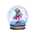 Glass ball for new year watercolor. Ballerina mouse in the dance on the snow Christmas. Watercolor illustration on white
