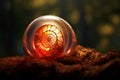 a glass ball with an orange shell sitting on top of dirt