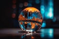 A glass ball with a reflection of a city in it. AI generative image.