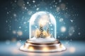 A glass ball with snow-covered blue and golden Christmas trees and falling snowflakes inside Royalty Free Stock Photo
