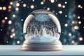 A glass ball with snow-covered blue and golden Christmas trees and falling snowflakes inside Royalty Free Stock Photo