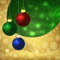 Glass balls, golden snowflakes and frosty patterns on a green background. Christmas background