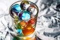 Glass with balls of hydrogel of different color on metal foil Royalty Free Stock Photo