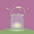 Glass bank lantern with fireflies lights on a pink background green glade rope handle vector illustration Royalty Free Stock Photo