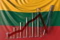 Glass bar chart with downward trend against flag of Lithuania. Financial crisis or economic meltdown related conceptual Royalty Free Stock Photo