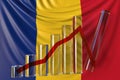 Glass bar chart with downward trend against flag of Romania. Financial crisis or economic meltdown related conceptual 3D Royalty Free Stock Photo