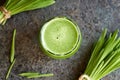 A glass of barley grass juice with fresh barleygrass Royalty Free Stock Photo