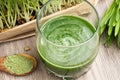 A glass of barley grass juice with freshly grown barley grass an Royalty Free Stock Photo