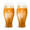 Glass with a bartender engraved emblem to International Beer Day. Vector realistic illustration of two cups of light beverage with