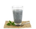 Glass of basil seeds and raw seed against white