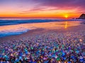 Glass beach in California at sunrise, colorful shining stones