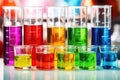 glass beakers filled with colorful cosmetics chemicals