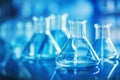 Glass beakers filled with liquid reflect vibrant blue light in a lab setting. Generative AI Royalty Free Stock Photo