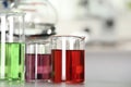 Glass beakers with liquid samples on table. Laboratory analysis Royalty Free Stock Photo