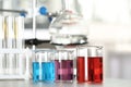 Glass beakers with liquid samples. Laboratory analysis Royalty Free Stock Photo