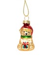 Glass bear Christmas tree ornament with a gift, hanging on a string, isolated on a white background. Royalty Free Stock Photo