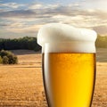 Glass of beer against wheat field Royalty Free Stock Photo