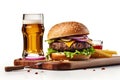 A glass of beer with an American burger on a white background. Generative ai Royalty Free Stock Photo