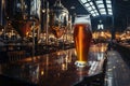 A glass of beer on a bar in craft beer brewery