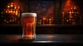 Glass Of Beer On Bar Or Pub Counter. Bottles Of Alcohol Drinks On The Background. AI Generated