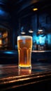 Glass of beer on bar or pub counter. Foamy ale drink in cafe. Vertical shot. AI Generated Royalty Free Stock Photo