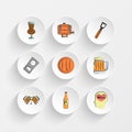 glass of beer, beer Barrel, bottle opener and ring for a beer can icons on plate illustration set Royalty Free Stock Photo