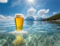 Glass of beer on the beach with crystal clear water and sun rays. Image created by artificial intelligence Royalty Free Stock Photo