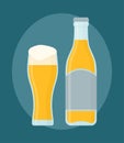 Glass of beer and bottle. Isolated on dark blue background. Royalty Free Stock Photo